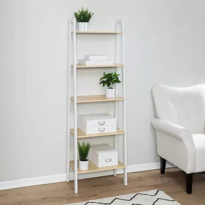Étagère échelle blanche à 5 niveaux, cadre en acier, hauteur de 172 cm, capacité de 22,7 kg, finition en placage