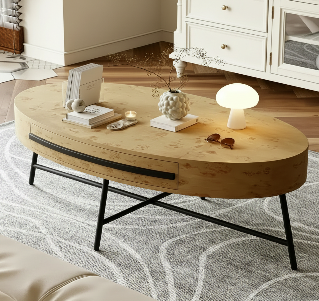 Table basse ovale de style Mid-Century Modern - 120 cm, table de rangement en bois avec tiroir, design incurvé unique et pieds en métal croisés pour salon