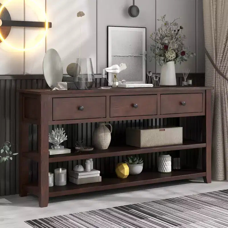 Console de table de 50" mi-siècle avec 3 tiroirs et 2 étagères ouvertes