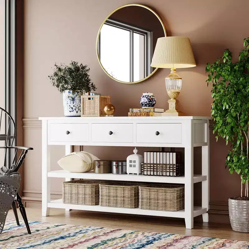 Console de table de 50" mi-siècle avec 3 tiroirs et 2 étagères ouvertes