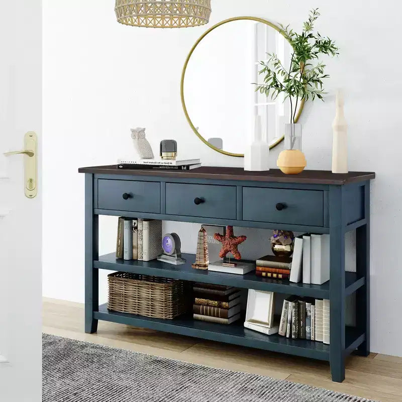 Console de table de 50" mi-siècle avec 3 tiroirs et 2 étagères ouvertes