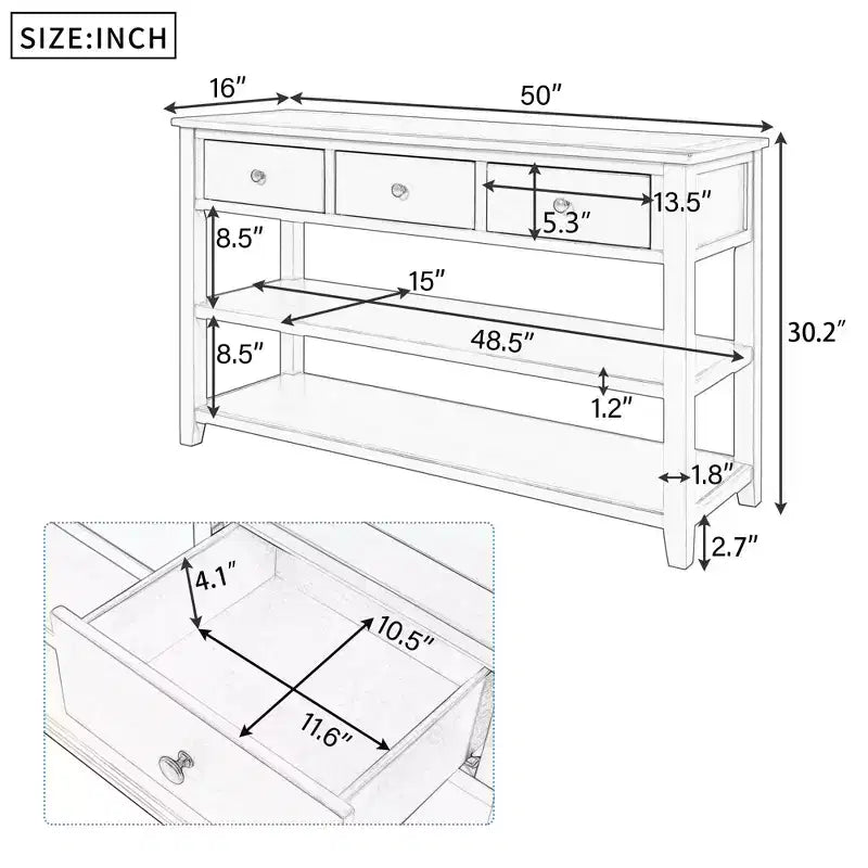 Console de table de 50" mi-siècle avec 3 tiroirs et 2 étagères ouvertes