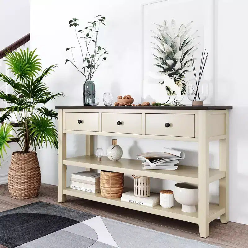 Console de table de 50" mi-siècle avec 3 tiroirs et 2 étagères ouvertes