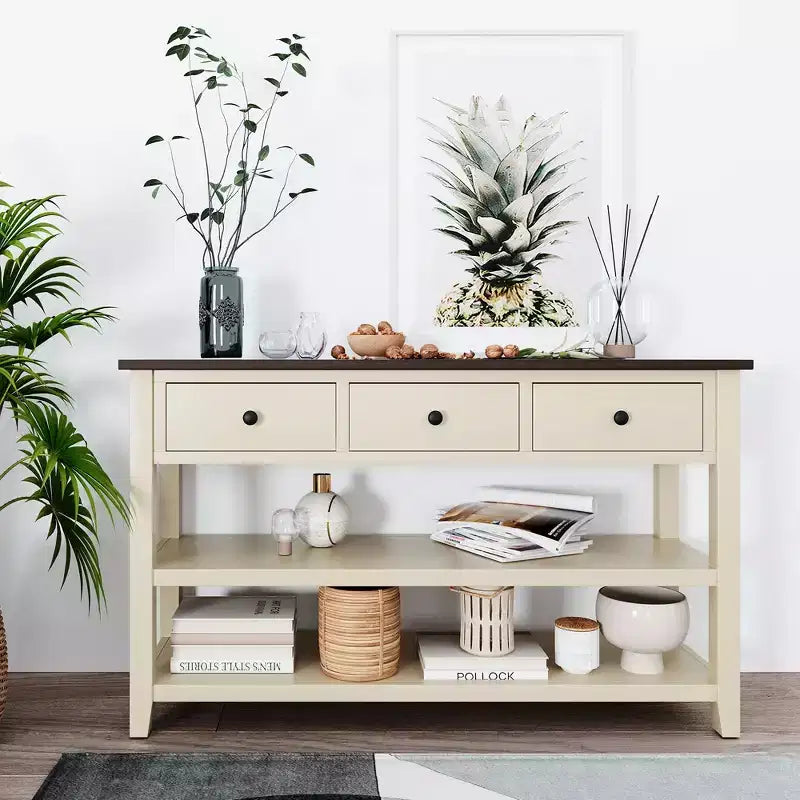 Console de table de 50" mi-siècle avec 3 tiroirs et 2 étagères ouvertes