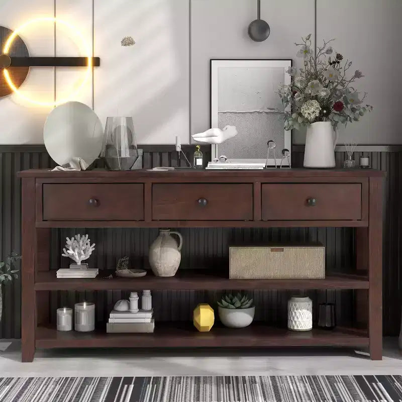 Console de table de 50" mi-siècle avec 3 tiroirs et 2 étagères ouvertes