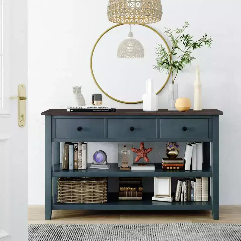Console de table de 50" mi-siècle avec 3 tiroirs et 2 étagères ouvertes