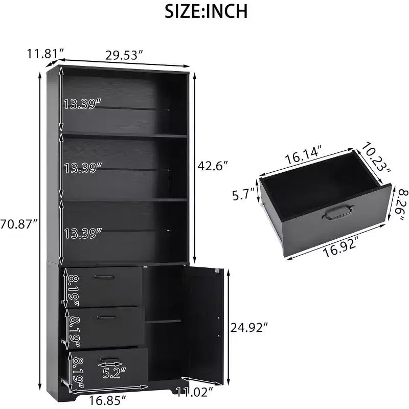 Étagère à livres à 6 niveaux avec porte et 3 tiroirs, bibliothèque de 180 cm de haut avec 3 étagères ouvertes, pour bureau ou chambre à coucher