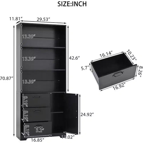 Étagère à livres à 6 niveaux avec porte et 3 tiroirs, bibliothèque de 180 cm de haut avec 3 étagères ouvertes, pour bureau ou chambre à coucher