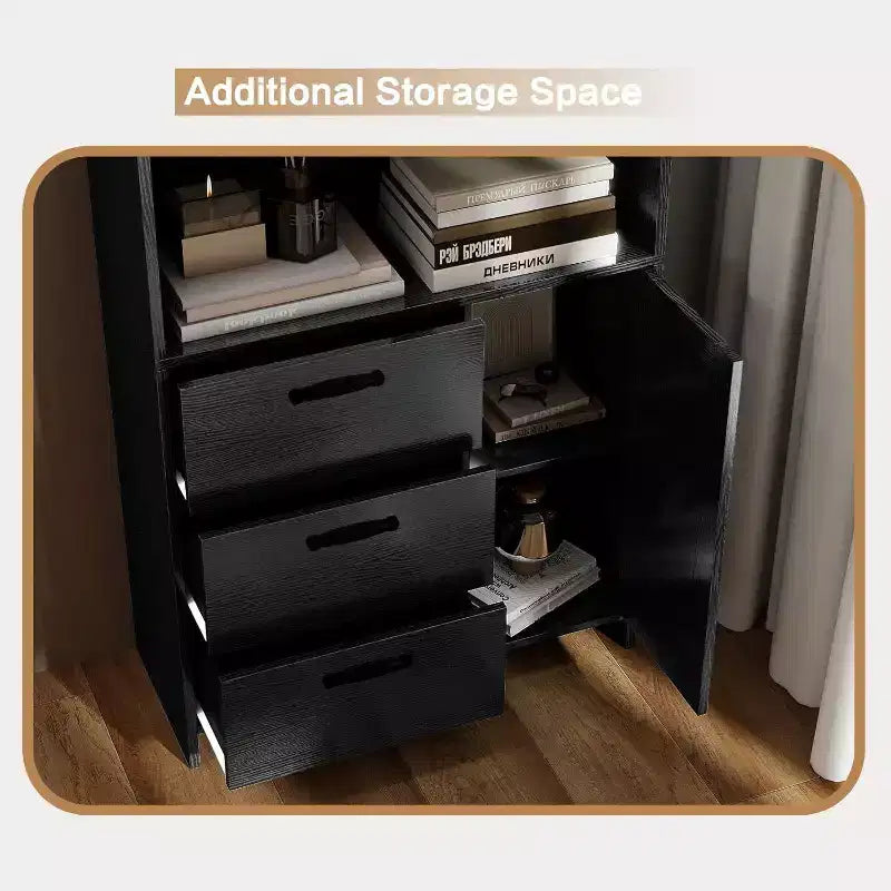 Étagère à livres à 6 niveaux avec porte et 3 tiroirs, bibliothèque de 180 cm de haut avec 3 étagères ouvertes, pour bureau ou chambre à coucher