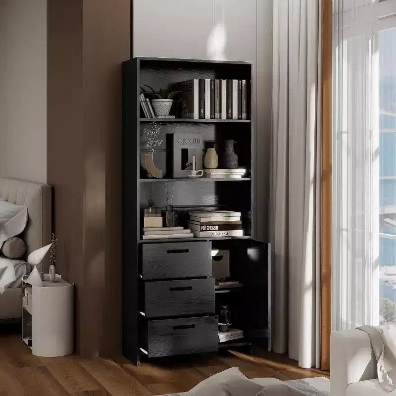 Étagère à livres à 6 niveaux avec porte et 3 tiroirs, bibliothèque de 180 cm de haut avec 3 étagères ouvertes, pour bureau ou chambre à coucher