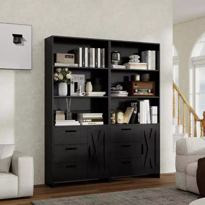 Étagère à livres à 6 niveaux avec porte et 3 tiroirs, bibliothèque de 180 cm de haut avec 3 étagères ouvertes, pour bureau ou chambre à coucher
