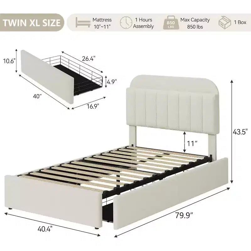 Cadre de lit double/double XL avec tiroirs de rangement, lit plateforme rembourré en bouclé