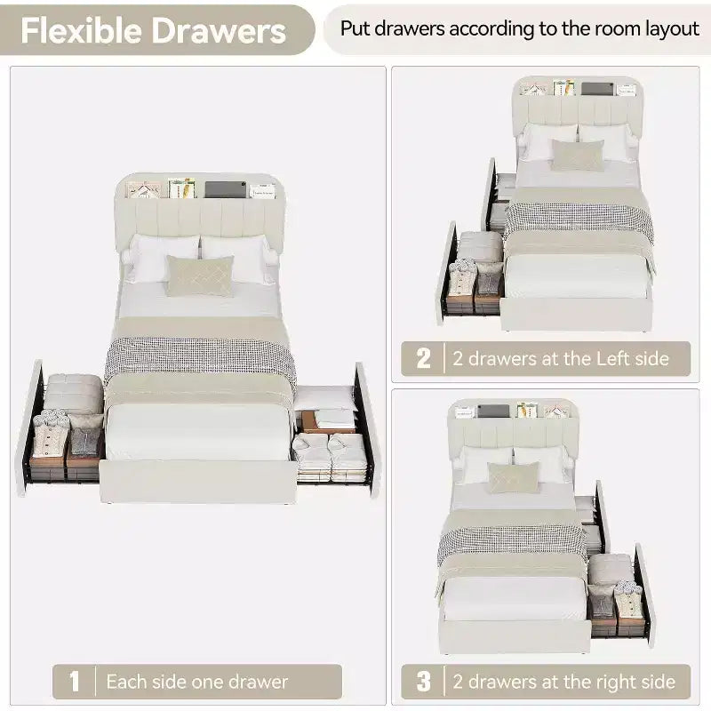 Cadre de lit double/double XL avec tiroirs de rangement, lit plateforme rembourré en bouclé