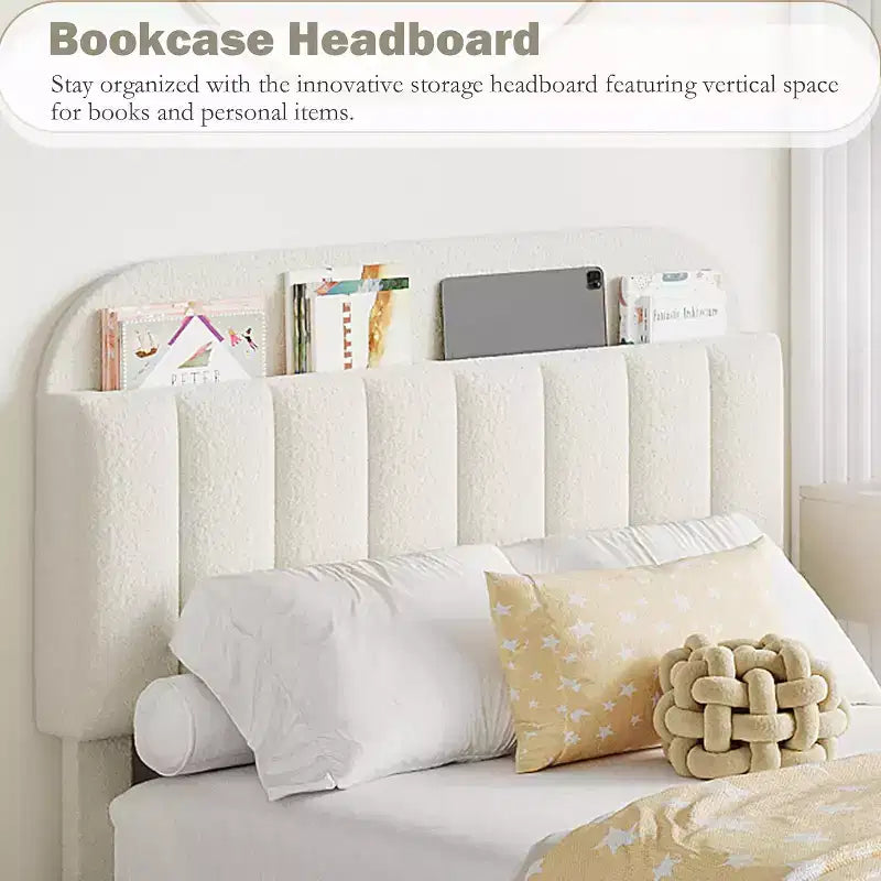 Cadre de lit double/double XL avec tiroirs de rangement, lit plateforme rembourré en bouclé