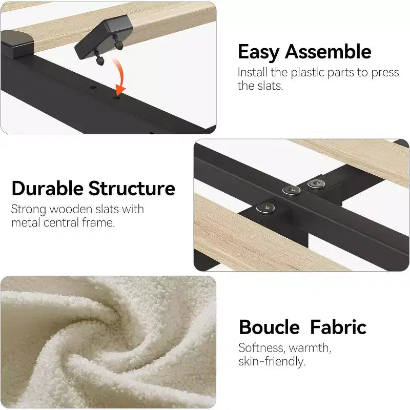 Cadre de lit double/double XL avec tiroirs de rangement, lit plateforme rembourré en bouclé