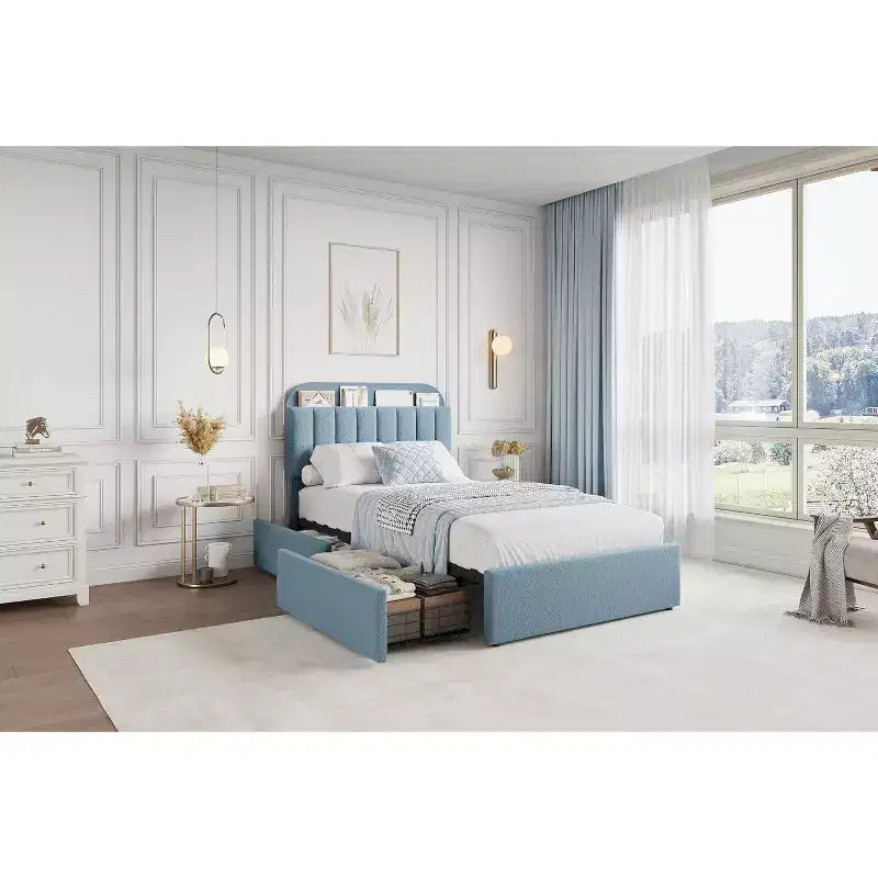 Cadre de lit double/double XL avec tiroirs de rangement, lit plateforme rembourré en bouclé