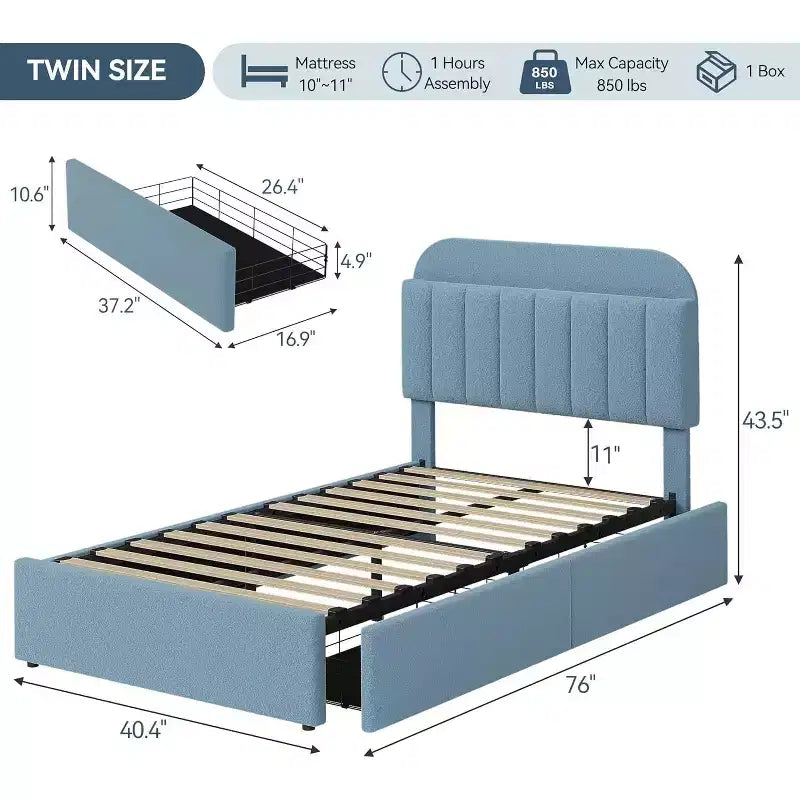 Cadre de lit double/double XL avec tiroirs de rangement, lit plateforme rembourré en bouclé