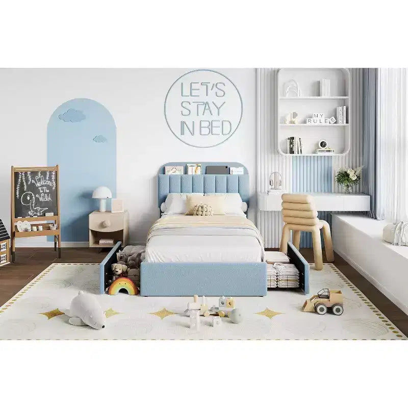 Cadre de lit double/double XL avec tiroirs de rangement, lit plateforme rembourré en bouclé