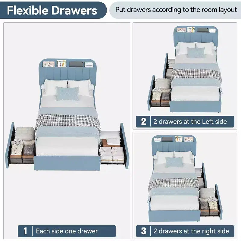 Cadre de lit double/double XL avec tiroirs de rangement, lit plateforme rembourré en bouclé