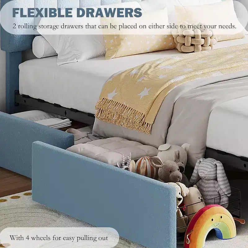 Cadre de lit double/double XL avec tiroirs de rangement, lit plateforme rembourré en bouclé