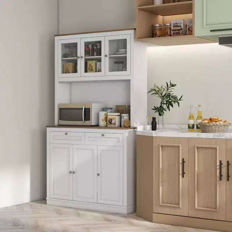 Garde-manger moderne de 71 po, Armoire haute autoportante avec vaisselier, 2 tiroirs et 5 portes, Blanc