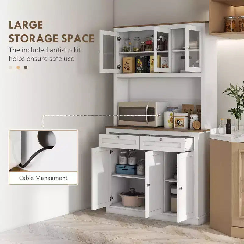 Garde-manger moderne de 71 po, Armoire haute autoportante avec vaisselier, 2 tiroirs et 5 portes, Blanc