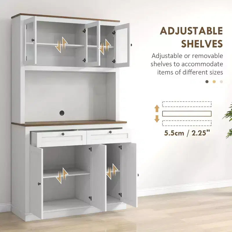 Garde-manger moderne de 71 po, Armoire haute autoportante avec vaisselier, 2 tiroirs et 5 portes, Blanc