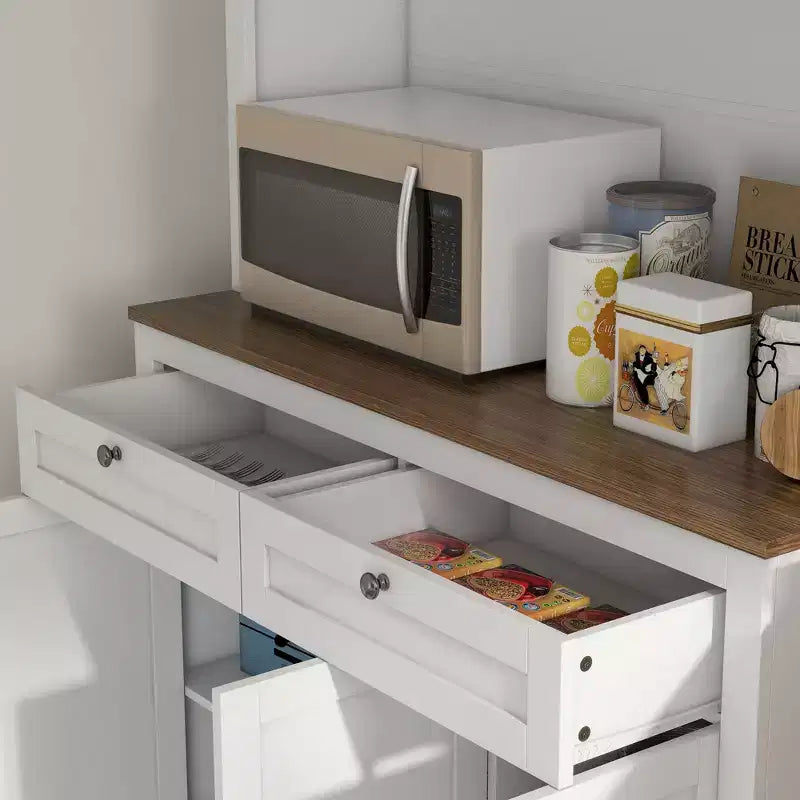 Garde-manger moderne de 71 po, Armoire haute autoportante avec vaisselier, 2 tiroirs et 5 portes, Blanc