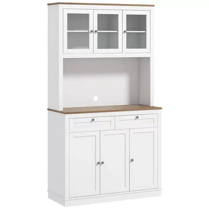 Garde-manger moderne de 71 po, Armoire haute autoportante avec vaisselier, 2 tiroirs et 5 portes, Blanc