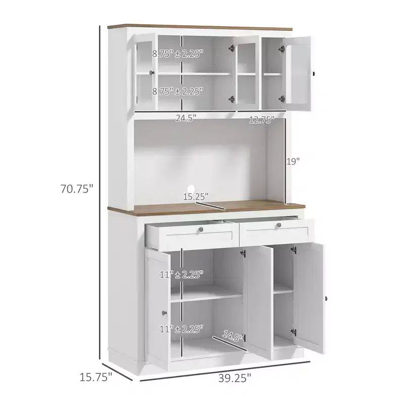 Garde-manger moderne de 71 po, Armoire haute autoportante avec vaisselier, 2 tiroirs et 5 portes, Blanc