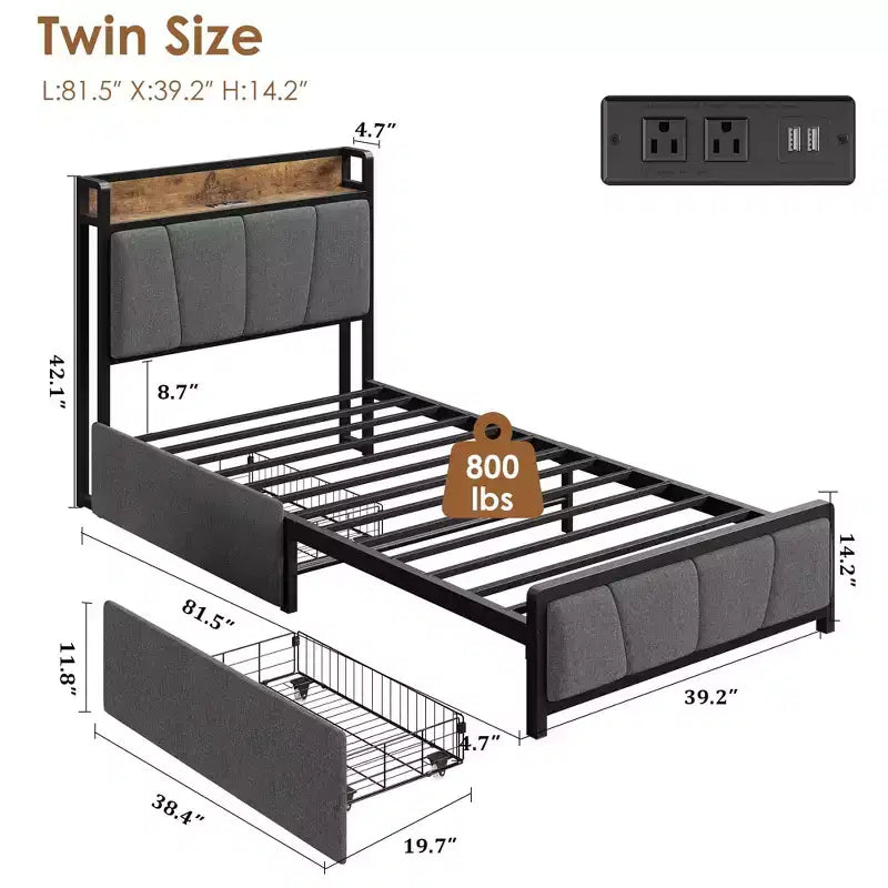 Cadre de lit avec 2 tiroirs de rangement et station de recharge, lit plateforme tapissé en lin rustique avec tête de lit de rangement