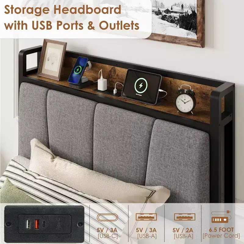 Cadre de lit avec 2 tiroirs de rangement et station de recharge, lit plateforme tapissé en lin rustique avec tête de lit de rangement