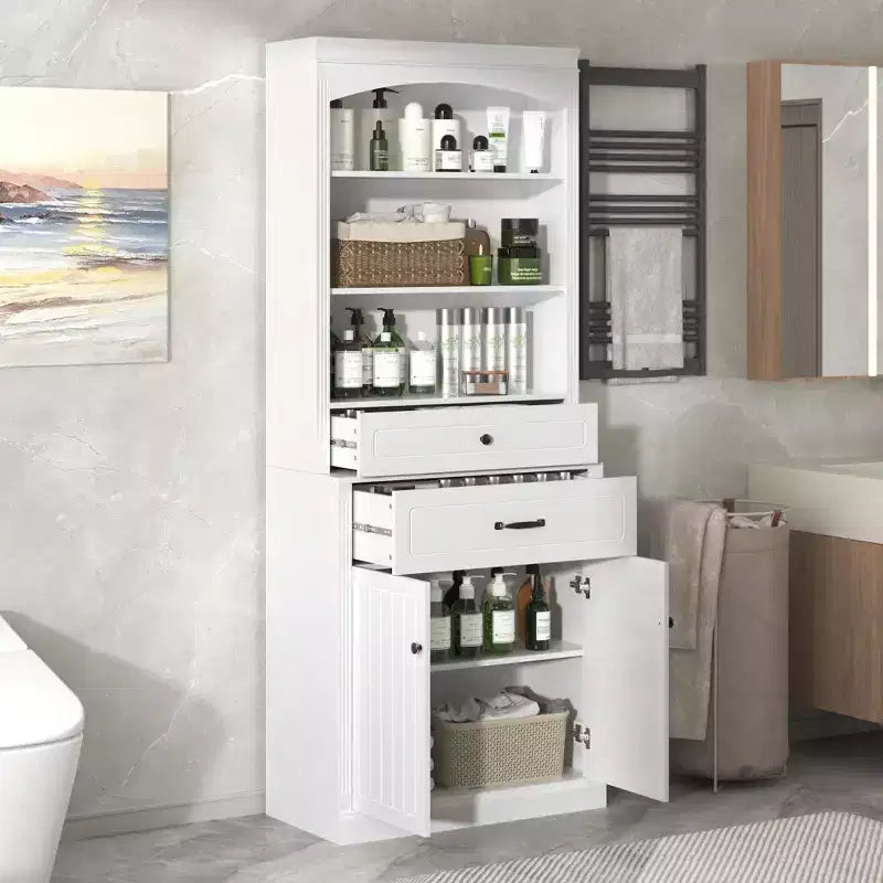Meuble de rangement de salle de bain blanc mat avec 3 étagères, 2 tiroirs et 2 portes, anti-basculement