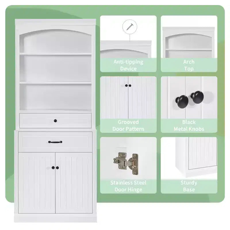 Meuble de rangement de salle de bain blanc mat avec 3 étagères, 2 tiroirs et 2 portes, anti-basculement