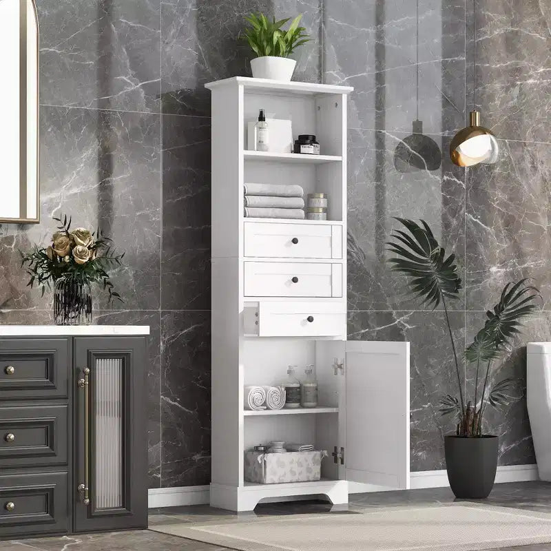 Meuble de salle de bain autoportant à 3 tiroirs, Meuble de rangement haut avec étagères réglables, Blanc