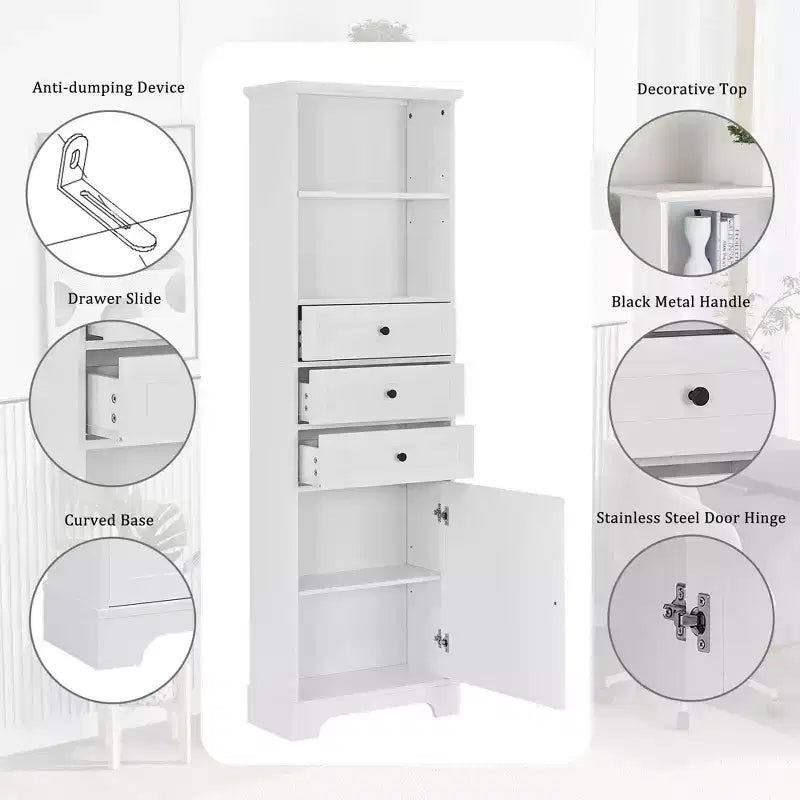 Meuble de salle de bain autoportant à 3 tiroirs, Meuble de rangement haut avec étagères réglables, Blanc
