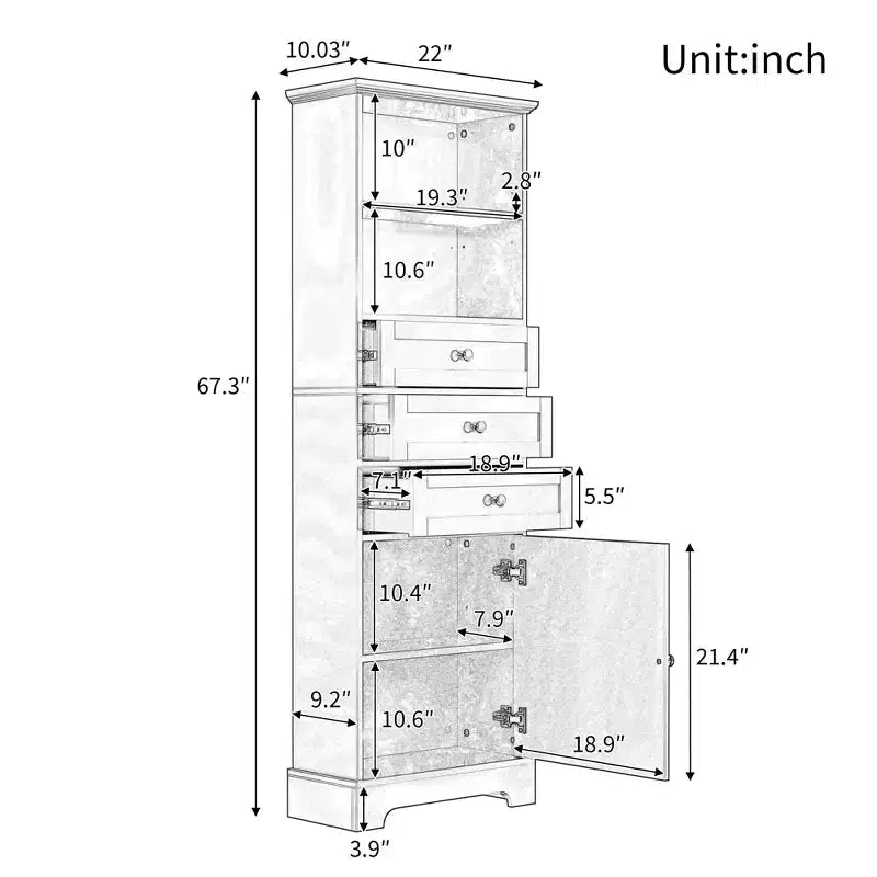 Meuble de salle de bain autoportant à 3 tiroirs, Meuble de rangement haut avec étagères réglables, Blanc