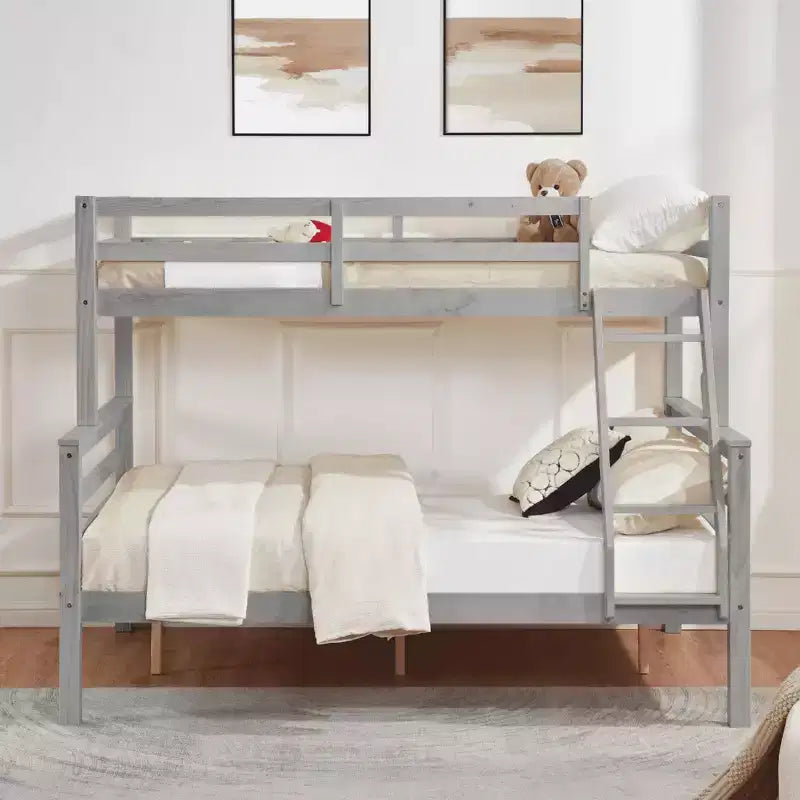 Lit superposé jumeau sur grand lit avec échelle, cadre de lit en bois avec barrière de sécurité haute pour enfants, pas besoin de sommier tapissier