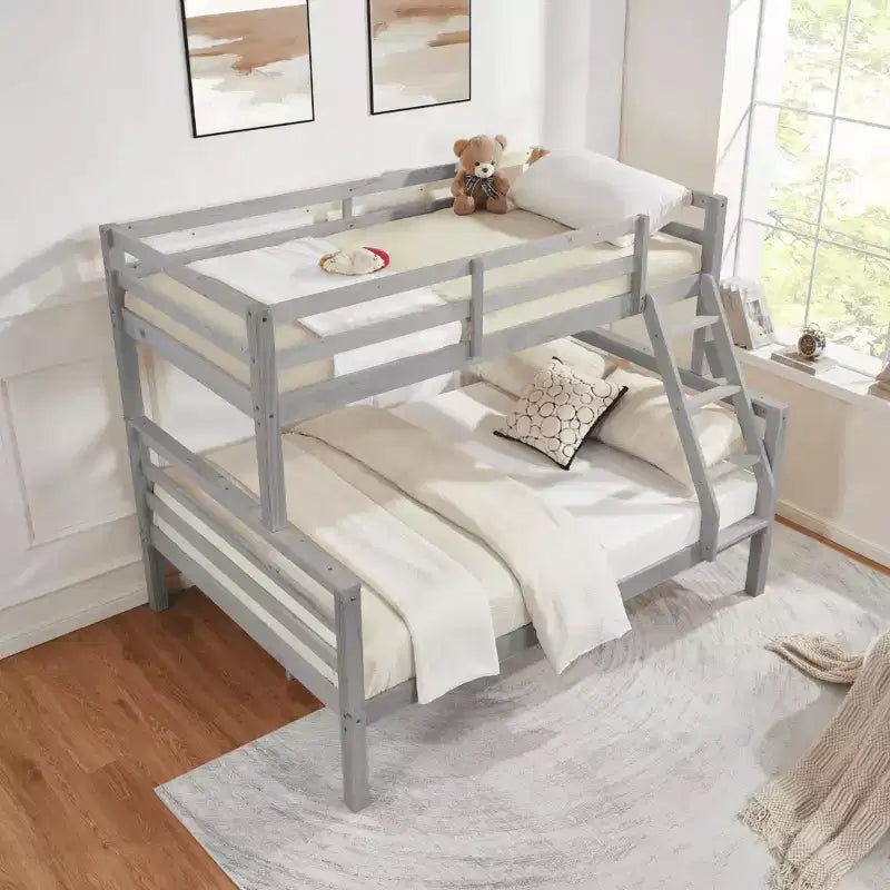 Lit superposé jumeau sur grand lit avec échelle, cadre de lit en bois avec barrière de sécurité haute pour enfants, pas besoin de sommier tapissier