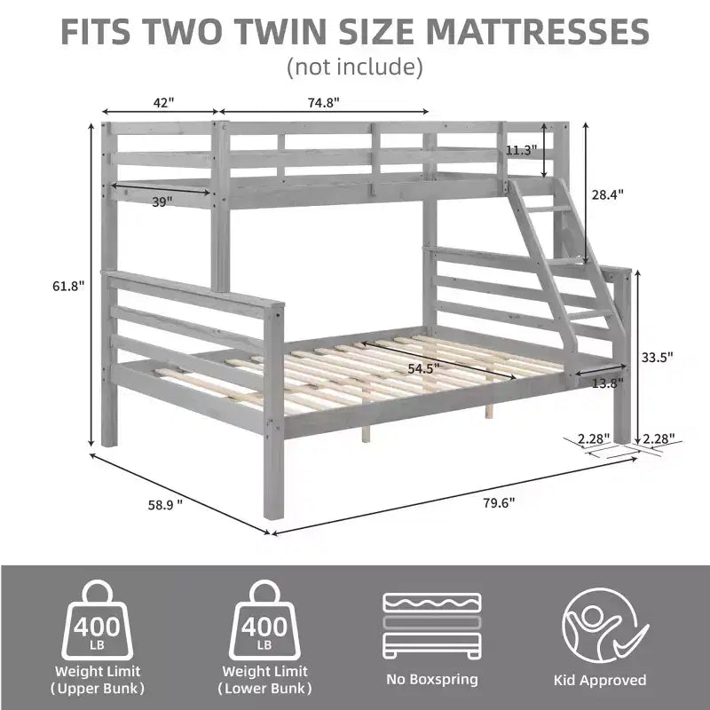 Lit superposé jumeau sur grand lit avec échelle, cadre de lit en bois avec barrière de sécurité haute pour enfants, pas besoin de sommier tapissier