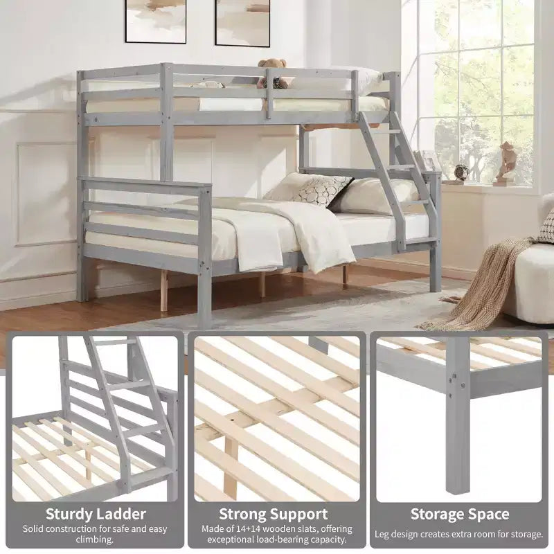 Lit superposé jumeau sur grand lit avec échelle, cadre de lit en bois avec barrière de sécurité haute pour enfants, pas besoin de sommier tapissier