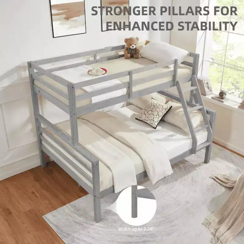 Lit superposé jumeau sur grand lit avec échelle, cadre de lit en bois avec barrière de sécurité haute pour enfants, pas besoin de sommier tapissier