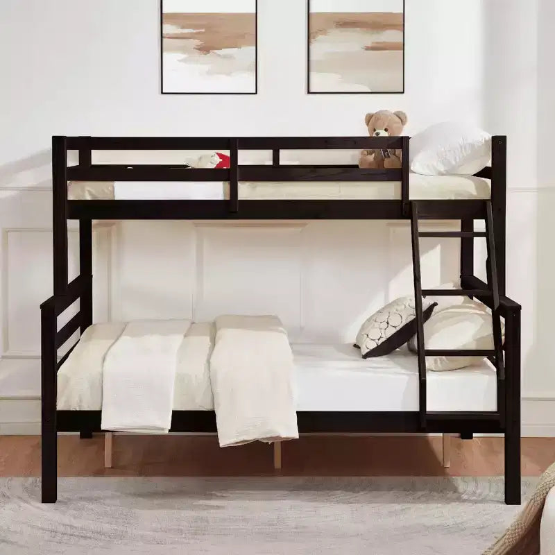Lit superposé jumeau sur grand lit avec échelle, cadre de lit en bois avec barrière de sécurité haute pour enfants, pas besoin de sommier tapissier