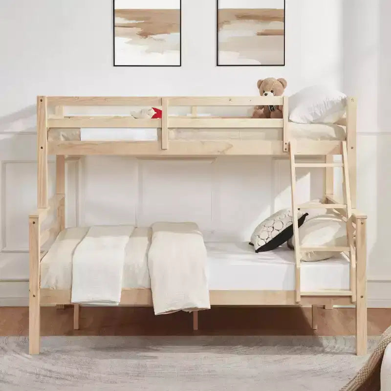 Lit superposé jumeau sur grand lit avec échelle, cadre de lit en bois avec barrière de sécurité haute pour enfants, pas besoin de sommier tapissier