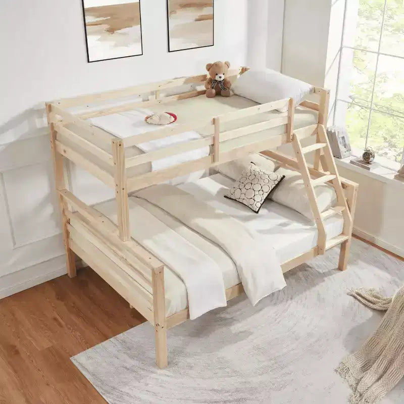 Lit superposé jumeau sur grand lit avec échelle, cadre de lit en bois avec barrière de sécurité haute pour enfants, pas besoin de sommier tapissier