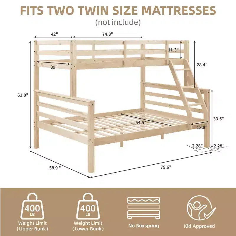 Lit superposé jumeau sur grand lit avec échelle, cadre de lit en bois avec barrière de sécurité haute pour enfants, pas besoin de sommier tapissier