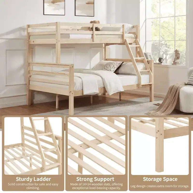 Lit superposé jumeau sur grand lit avec échelle, cadre de lit en bois avec barrière de sécurité haute pour enfants, pas besoin de sommier tapissier