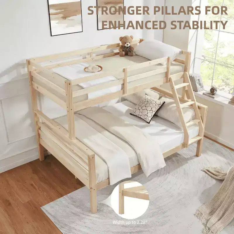 Lit superposé jumeau sur grand lit avec échelle, cadre de lit en bois avec barrière de sécurité haute pour enfants, pas besoin de sommier tapissier