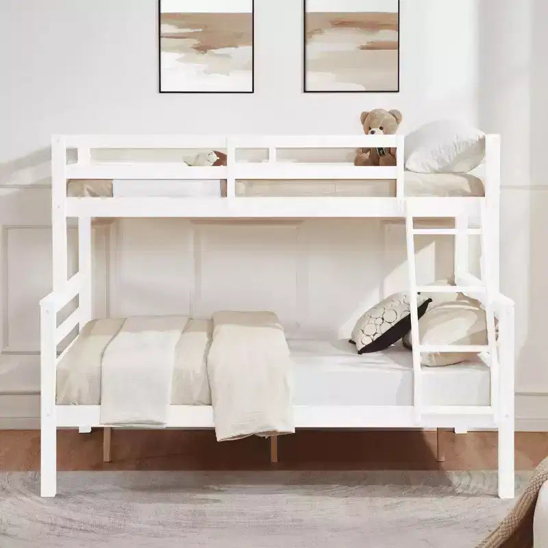Lit superposé jumeau sur grand lit avec échelle, cadre de lit en bois avec barrière de sécurité haute pour enfants, pas besoin de sommier tapissier