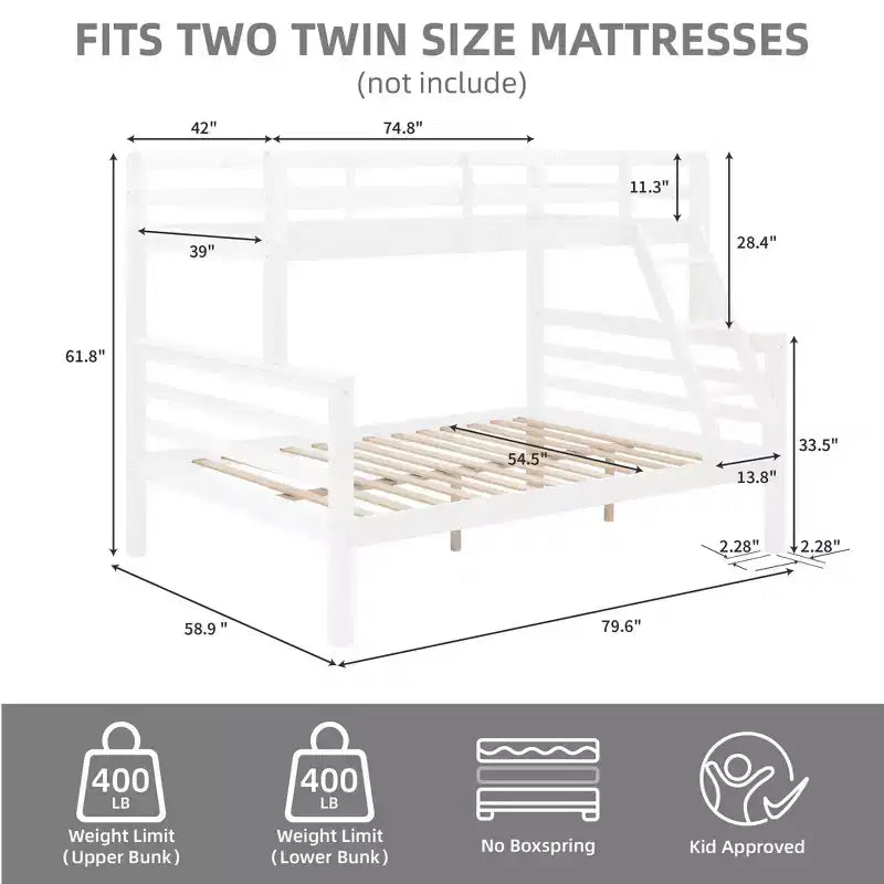 Lit superposé jumeau sur grand lit avec échelle, cadre de lit en bois avec barrière de sécurité haute pour enfants, pas besoin de sommier tapissier